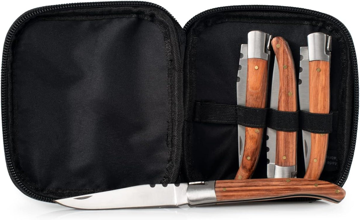 Rakau Folding Steak Knife Set, Reclaimed Wood Handles, Stainless Steel, Includes rPET Cloth & Travel Case