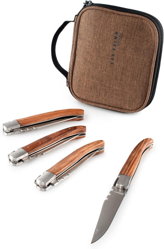 Rakau Folding Steak Knife Set, Reclaimed Wood Handles, Stainless Steel, Includes rPET Cloth & Travel Case