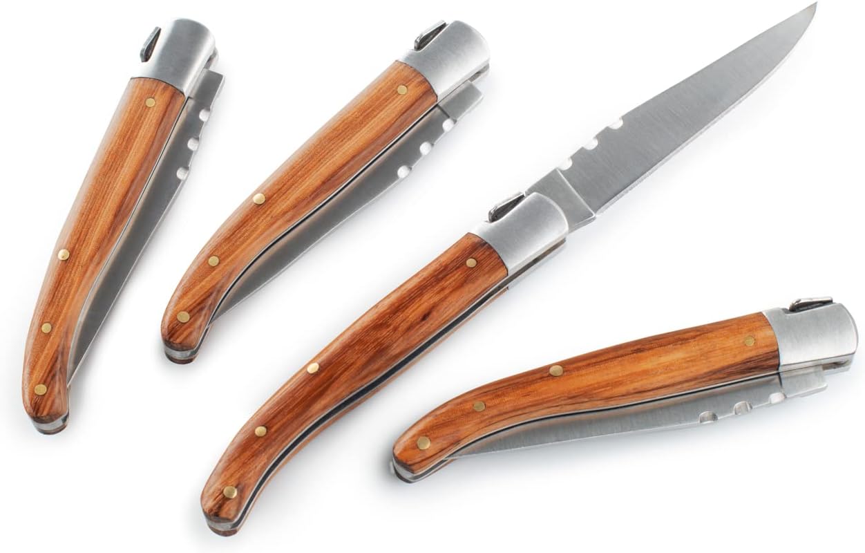 Rakau Folding Steak Knife Set, Reclaimed Wood Handles, Stainless Steel, Includes rPET Cloth & Travel Case