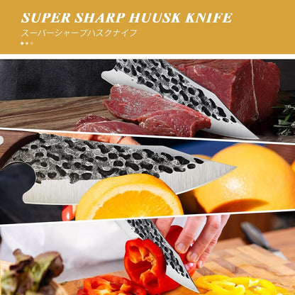 Huusk Japanese Chef Knife with Sheath, Hand Forged Cooking Knives | Viking Kitchen Knife with Ergonomic Full Tang Handle for Camping & BBQ, Cool Gifts for Men