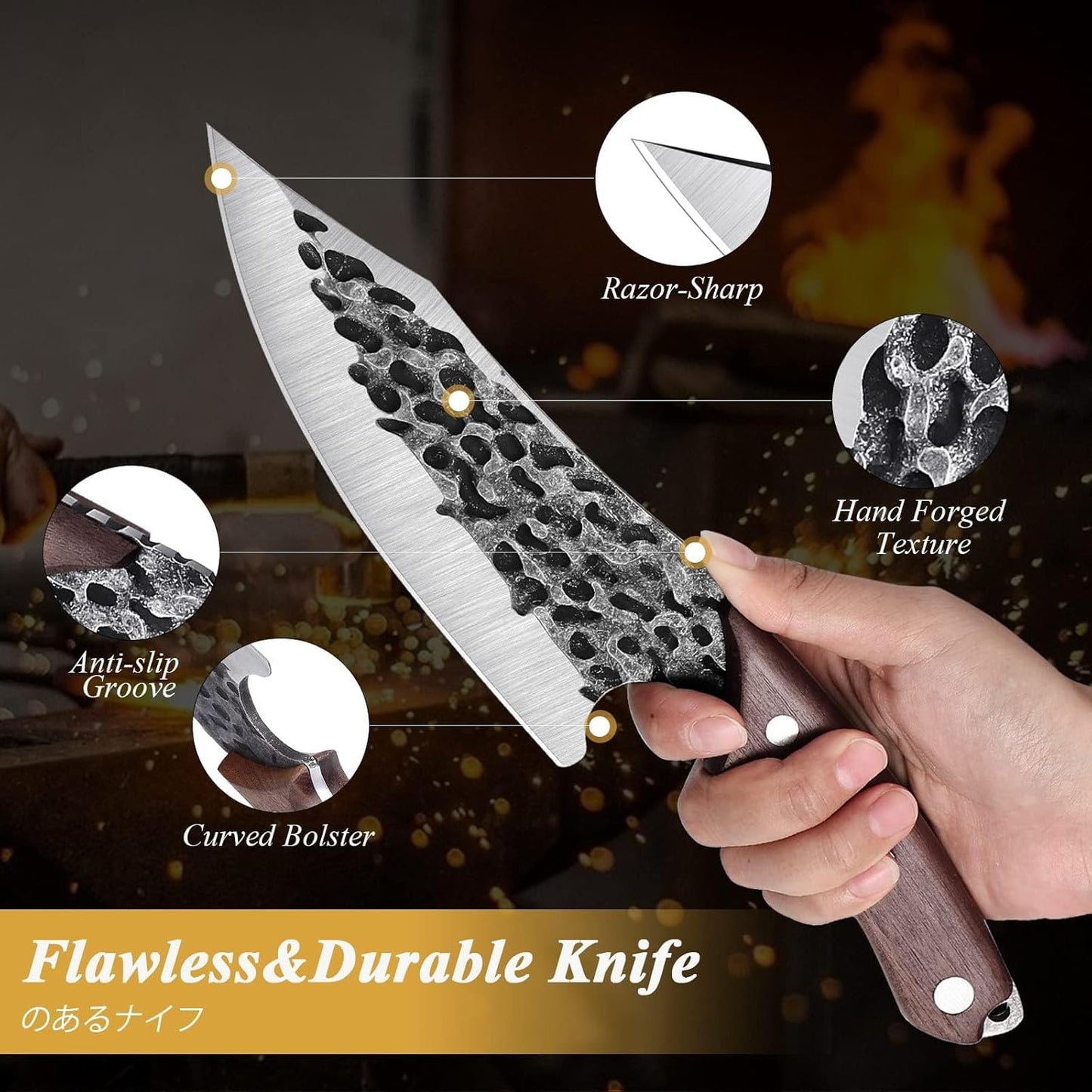Huusk Japanese Chef Knife with Sheath, Hand Forged Cooking Knives | Viking Kitchen Knife with Ergonomic Full Tang Handle for Camping & BBQ, Cool Gifts for Men