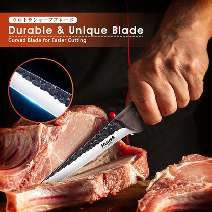 Huusk Japanese Chef Knife with Sheath, Hand Forged Cooking Knives | Viking Kitchen Knife with Ergonomic Full Tang Handle for Camping & BBQ, Cool Gifts for Men
