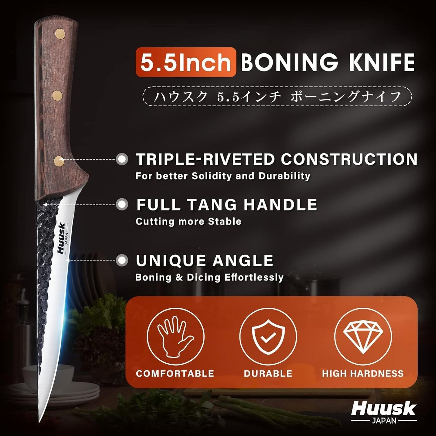 Huusk Japanese Chef Knife with Sheath, Hand Forged Cooking Knives | Viking Kitchen Knife with Ergonomic Full Tang Handle for Camping & BBQ, Cool Gifts for Men