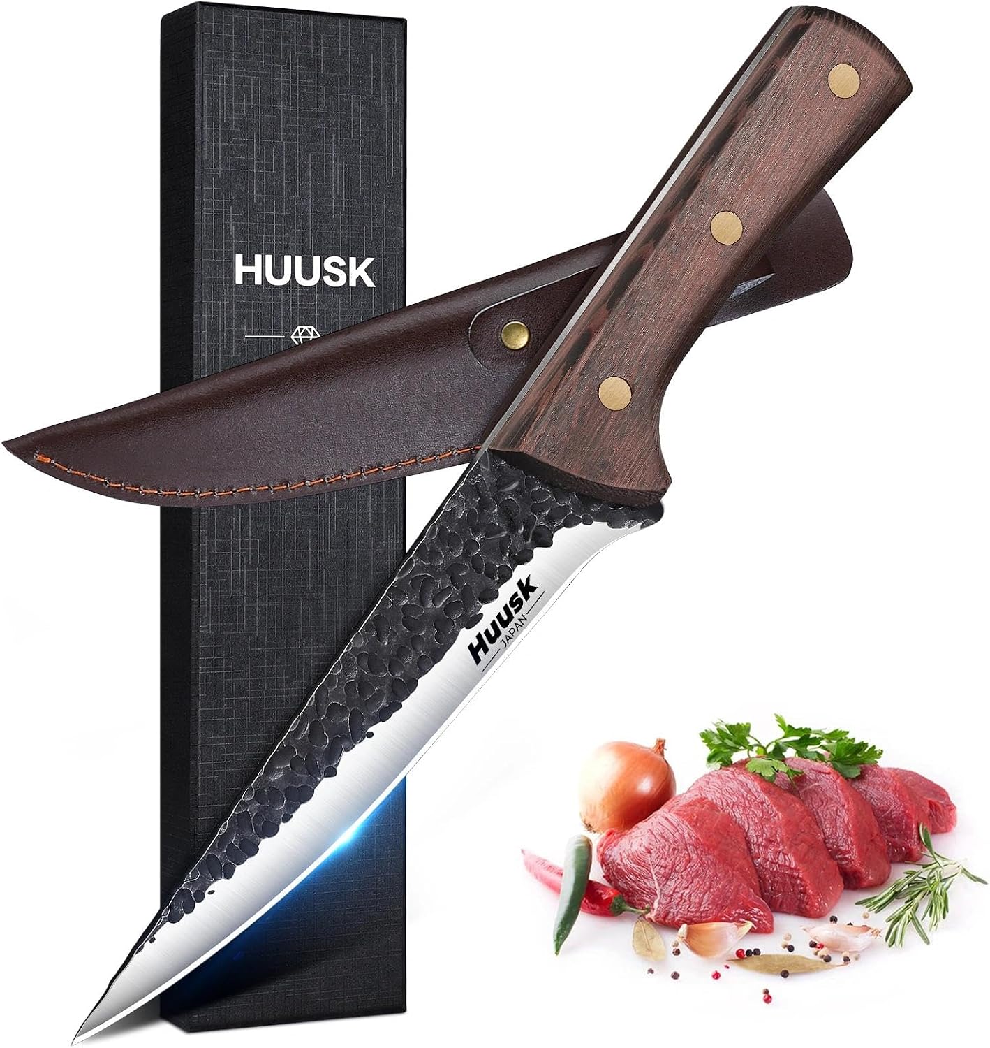 Huusk Japanese Chef Knife with Sheath, Hand Forged Cooking Knives | Viking Kitchen Knife with Ergonomic Full Tang Handle for Camping & BBQ, Cool Gifts for Men