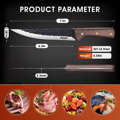 Huusk Japanese Chef Knife with Sheath, Hand Forged Cooking Knives | Viking Kitchen Knife with Ergonomic Full Tang Handle for Camping & BBQ, Cool Gifts for Men