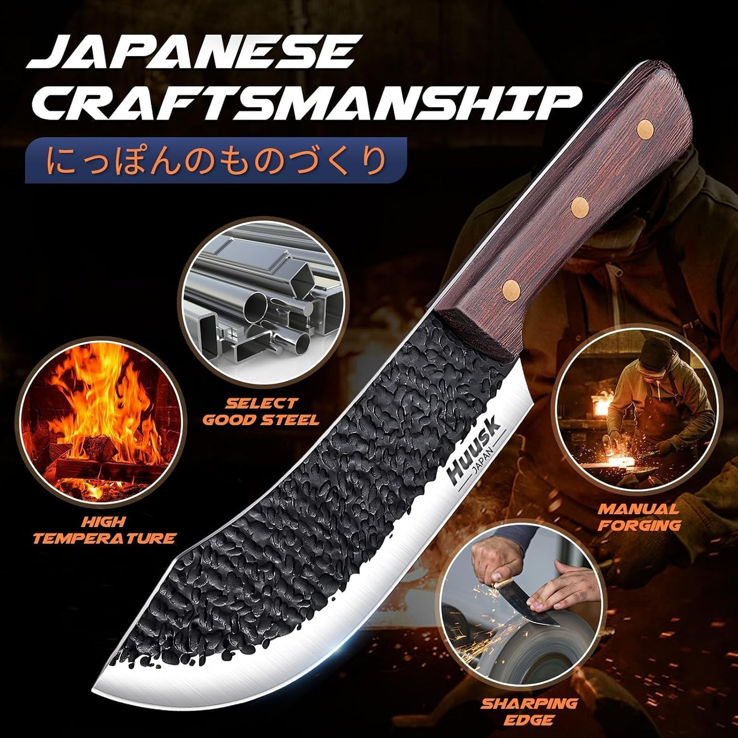 Huusk Japanese Chef Knife with Sheath, Hand Forged Cooking Knives | Viking Kitchen Knife with Ergonomic Full Tang Handle for Camping & BBQ, Cool Gifts for Men