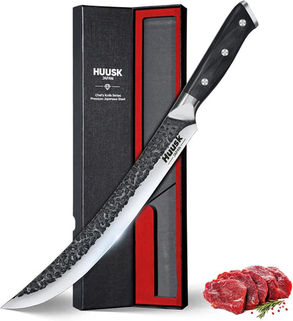 Huusk Japanese Chef Knife with Sheath, Hand Forged Cooking Knives | Viking Kitchen Knife with Ergonomic Full Tang Handle for Camping & BBQ, Cool Gifts for Men