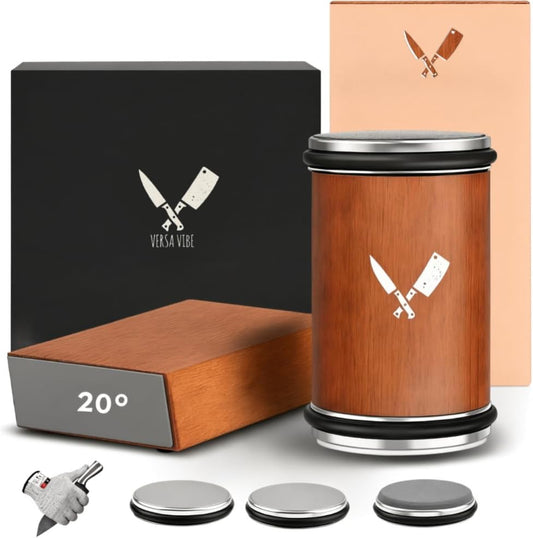 Premium Rolling Knife Sharpener Kit - High Carbon 400/1000/3000 Grit Diamond & Ceramic Discs, 15° & 20° Angles, Leather Strop & Anticut Gloves | Knife Sharpener for Chef, Santoku, & Utility Knives