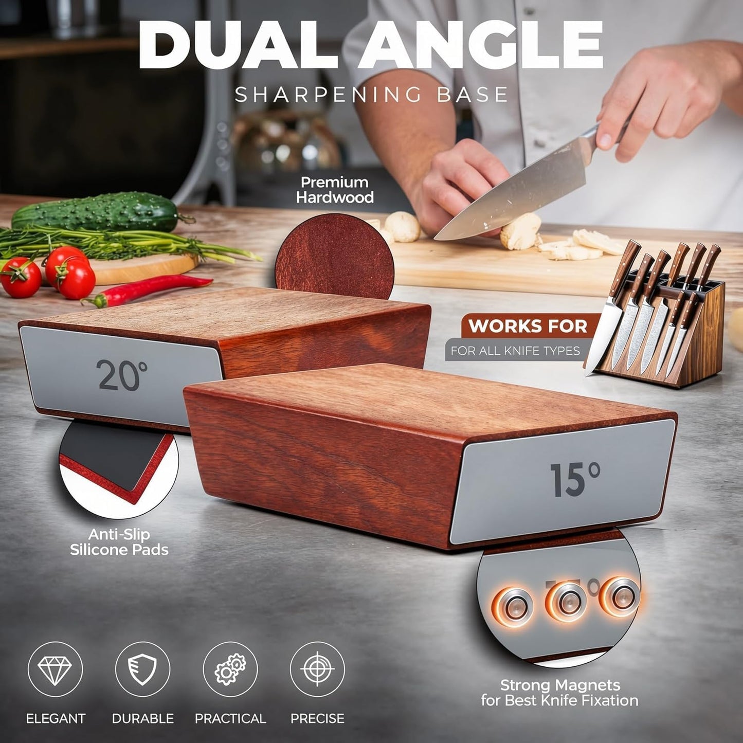 Premium Rolling Knife Sharpener Kit - High Carbon 400/1000/3000 Grit Diamond & Ceramic Discs, 15° & 20° Angles, Leather Strop & Anticut Gloves | Knife Sharpener for Chef, Santoku, & Utility Knives