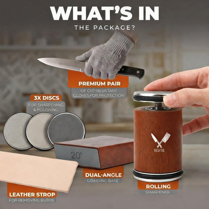 Premium Rolling Knife Sharpener Kit - High Carbon 400/1000/3000 Grit Diamond & Ceramic Discs, 15° & 20° Angles, Leather Strop & Anticut Gloves | Knife Sharpener for Chef, Santoku, & Utility Knives