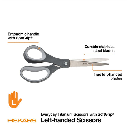 8" Non-Stick Titanium SoftGrip All Purpose Scissors for Office | Stainless Steel Blades for Paper, Cardboard, Tape & Glue, Everyday Cutting Tasks, Home, Office, and Arts & Crafts, Gray