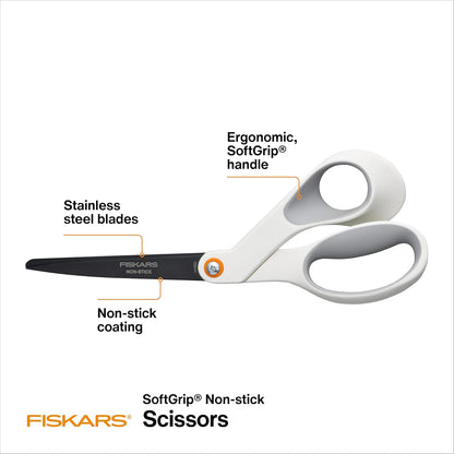 8" Non-Stick Titanium SoftGrip All Purpose Scissors for Office | Stainless Steel Blades for Paper, Cardboard, Tape & Glue, Everyday Cutting Tasks, Home, Office, and Arts & Crafts, Gray