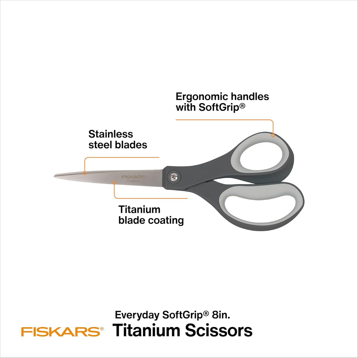 8" Non-Stick Titanium SoftGrip All Purpose Scissors for Office | Stainless Steel Blades for Paper, Cardboard, Tape & Glue, Everyday Cutting Tasks, Home, Office, and Arts & Crafts, Gray