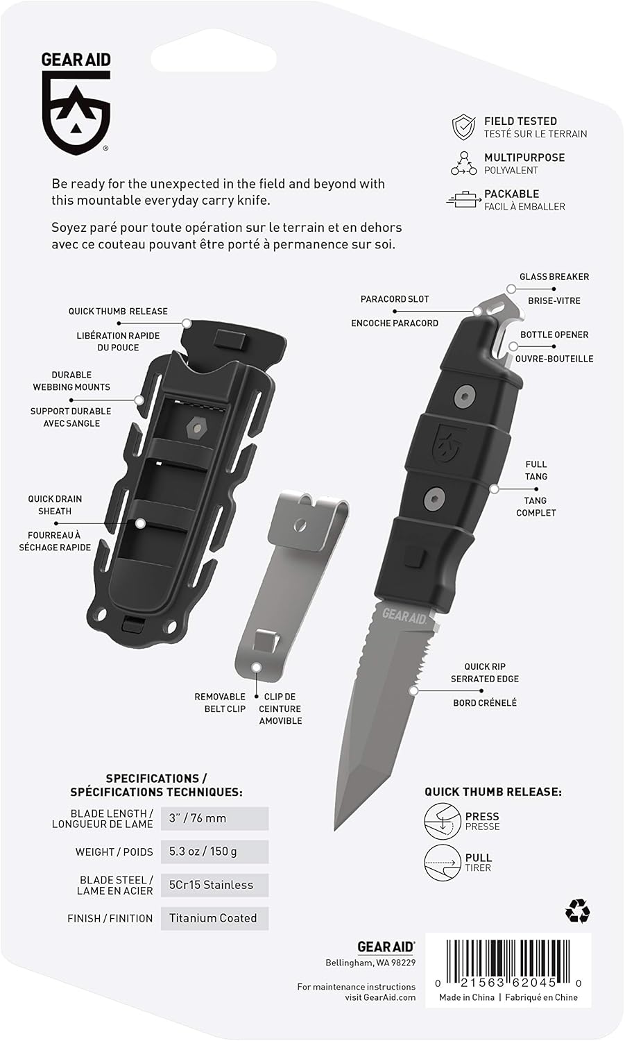 Kotu Tanto Fixed Blade Knife for the Outdoors with Quick Release Sheath, Titanium-Coated 3” Blade