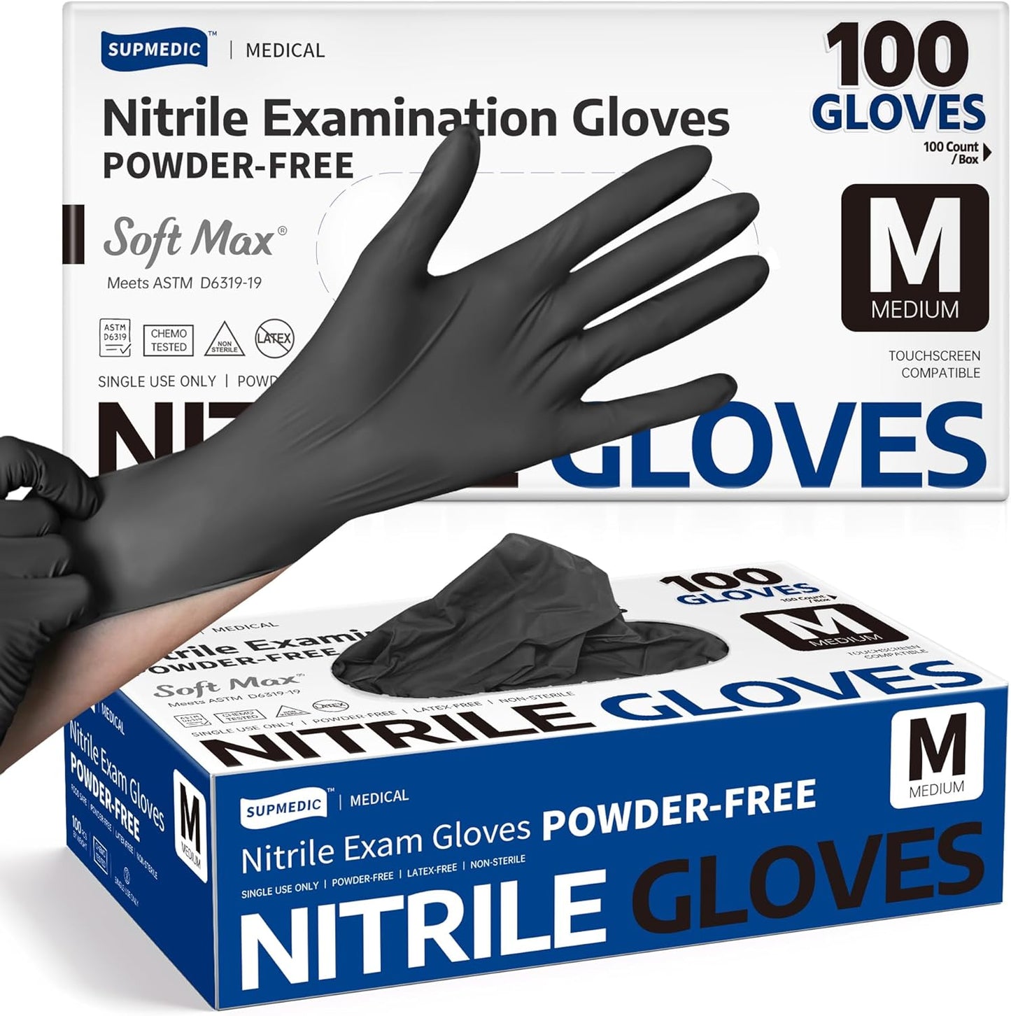Medical Soft Max™ Black Nitrile Disposable Gloves, 100 Pcs, Latex-Free & Powder-Free Food Safe Food Prep Exam Gloves