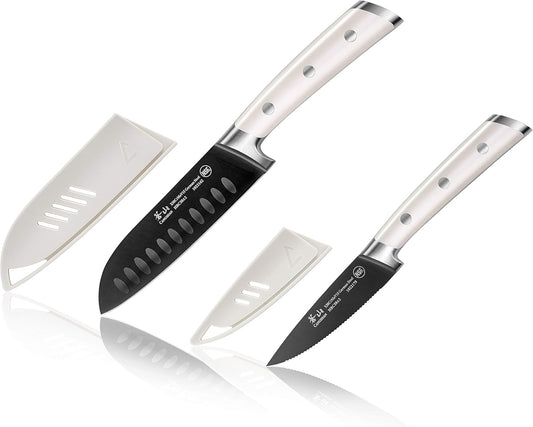 Cangshan S+ Series 1022100 German Steel Forged 2-Piece Titanium Coated Santoku Starter Knife Set with Sheaths, Vanilla White