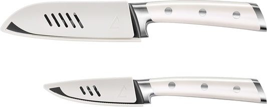 Cangshan S+ Series 1022100 German Steel Forged 2-Piece Titanium Coated Santoku Starter Knife Set with Sheaths, Vanilla White