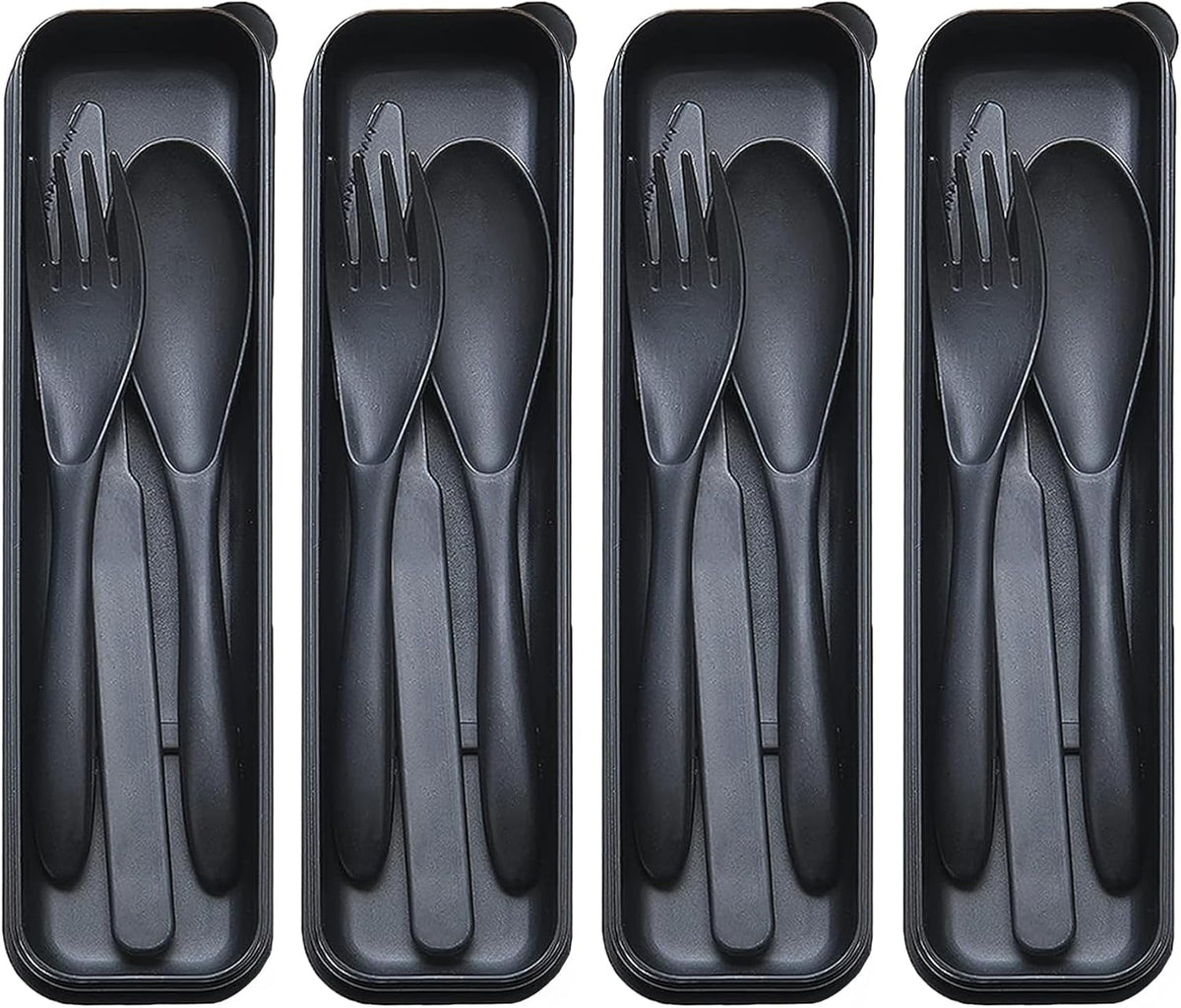 Reusable Travel Utensils Set with Case, 4 Sets Wheat Straw Portable Plastic Fork Spoons Knife Cutlery, Camping Eco-Friendly BPA Free Tableware for Kids Adults Work Picnic or Daily Use (Black)