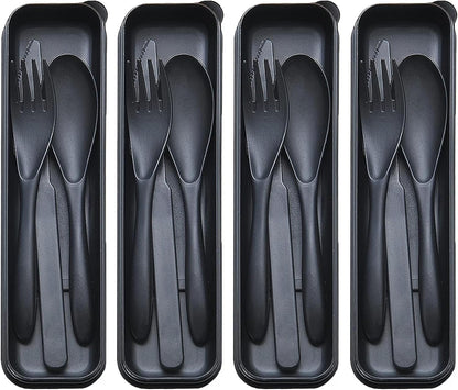 Reusable Travel Utensils Set with Case, 4 Sets Wheat Straw Portable Plastic Fork Spoons Knife Cutlery, Camping Eco-Friendly BPA Free Tableware for Kids Adults Work Picnic or Daily Use (Black)