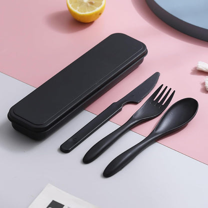 Reusable Travel Utensils Set with Case, 4 Sets Wheat Straw Portable Plastic Fork Spoons Knife Cutlery, Camping Eco-Friendly BPA Free Tableware for Kids Adults Work Picnic or Daily Use (Black)