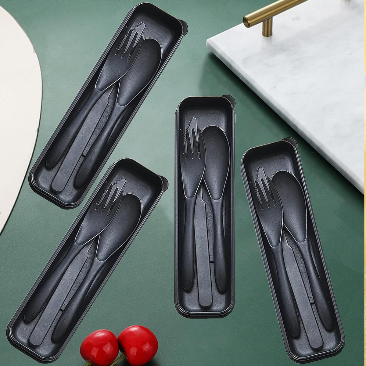 Reusable Travel Utensils Set with Case, 4 Sets Wheat Straw Portable Plastic Fork Spoons Knife Cutlery, Camping Eco-Friendly BPA Free Tableware for Kids Adults Work Picnic or Daily Use (Black)