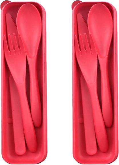 Reusable Travel Utensils Set with Case, 4 Sets Wheat Straw Portable Plastic Fork Spoons Knife Cutlery, Camping Eco-Friendly BPA Free Tableware for Kids Adults Work Picnic or Daily Use (Black)