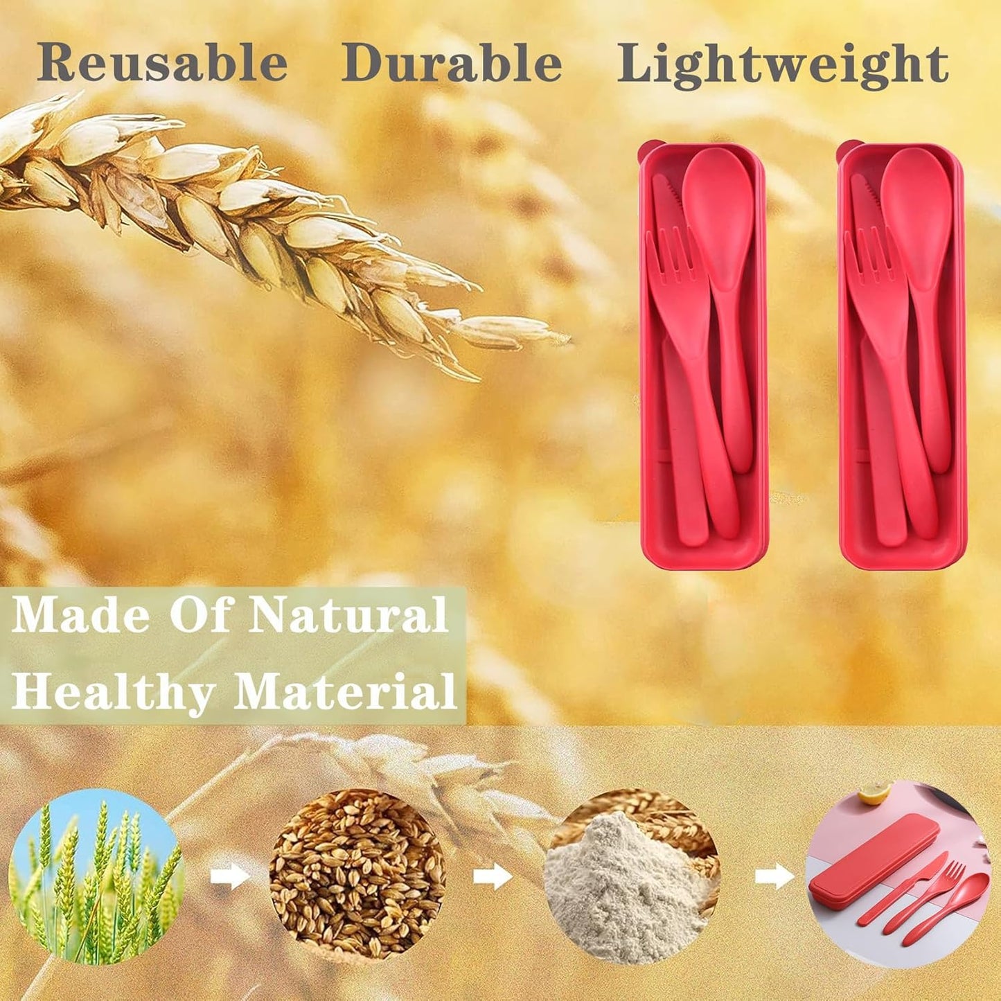 Reusable Travel Utensils Set with Case, 4 Sets Wheat Straw Portable Plastic Fork Spoons Knife Cutlery, Camping Eco-Friendly BPA Free Tableware for Kids Adults Work Picnic or Daily Use (Black)