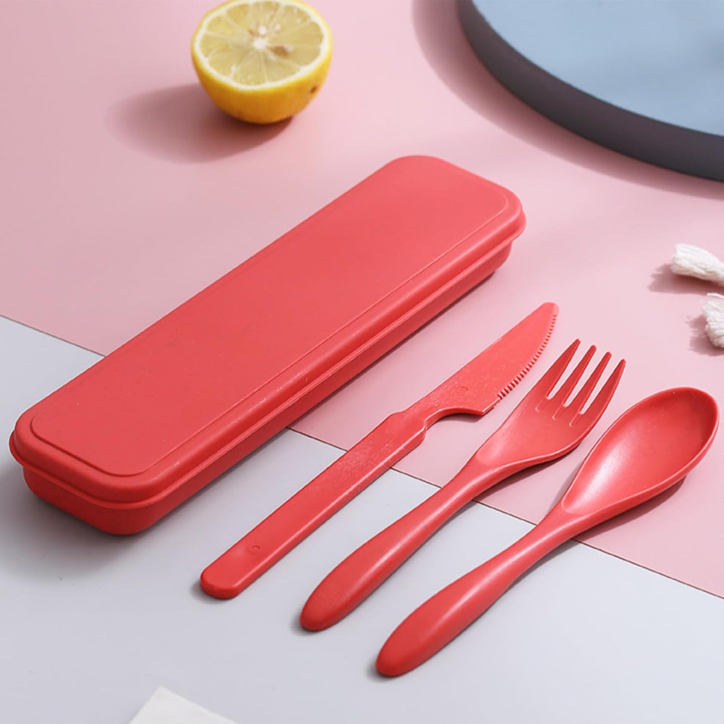 Reusable Travel Utensils Set with Case, 4 Sets Wheat Straw Portable Plastic Fork Spoons Knife Cutlery, Camping Eco-Friendly BPA Free Tableware for Kids Adults Work Picnic or Daily Use (Black)