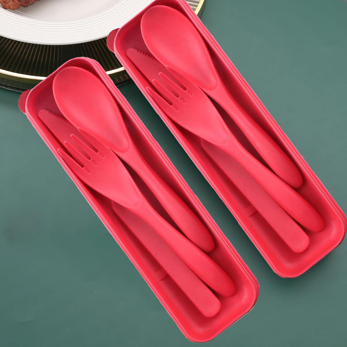 Reusable Travel Utensils Set with Case, 4 Sets Wheat Straw Portable Plastic Fork Spoons Knife Cutlery, Camping Eco-Friendly BPA Free Tableware for Kids Adults Work Picnic or Daily Use (Black)