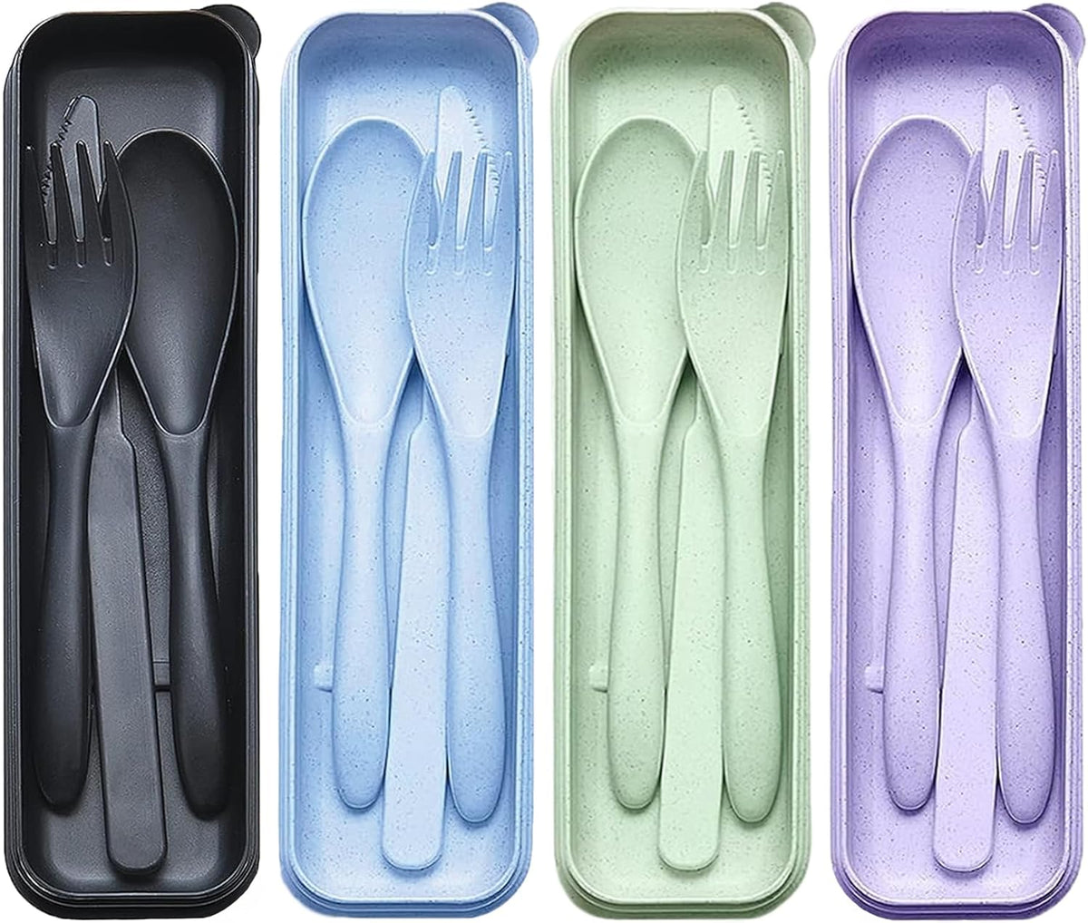 Reusable Travel Utensils Set with Case, 4 Sets Wheat Straw Portable Plastic Fork Spoons Knife Cutlery, Camping Eco-Friendly BPA Free Tableware for Kids Adults Work Picnic or Daily Use (Black)