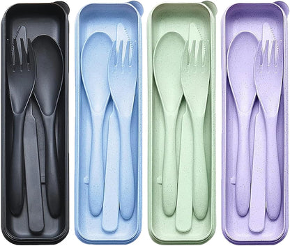 Reusable Travel Utensils Set with Case, 4 Sets Wheat Straw Portable Plastic Fork Spoons Knife Cutlery, Camping Eco-Friendly BPA Free Tableware for Kids Adults Work Picnic or Daily Use (Black)