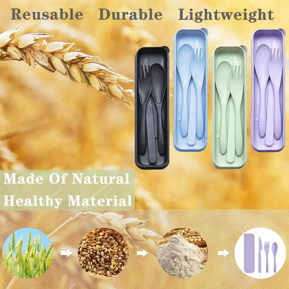 Reusable Travel Utensils Set with Case, 4 Sets Wheat Straw Portable Plastic Fork Spoons Knife Cutlery, Camping Eco-Friendly BPA Free Tableware for Kids Adults Work Picnic or Daily Use (Black)
