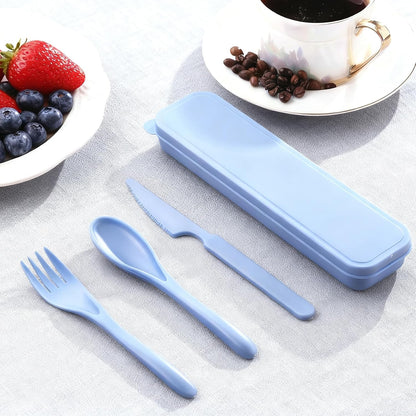 Reusable Travel Utensils Set with Case, 4 Sets Wheat Straw Portable Plastic Fork Spoons Knife Cutlery, Camping Eco-Friendly BPA Free Tableware for Kids Adults Work Picnic or Daily Use (Black)