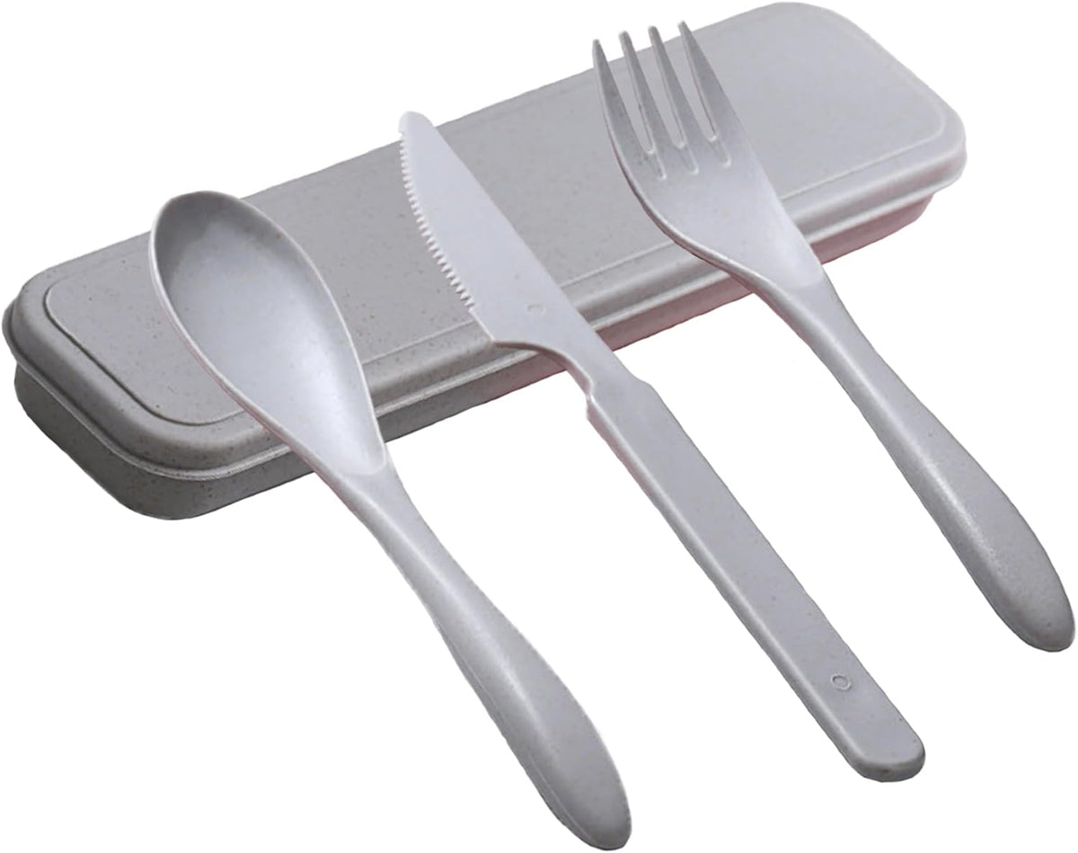 Reusable Travel Utensils Set with Case, 4 Sets Wheat Straw Portable Plastic Fork Spoons Knife Cutlery, Camping Eco-Friendly BPA Free Tableware for Kids Adults Work Picnic or Daily Use (Black)
