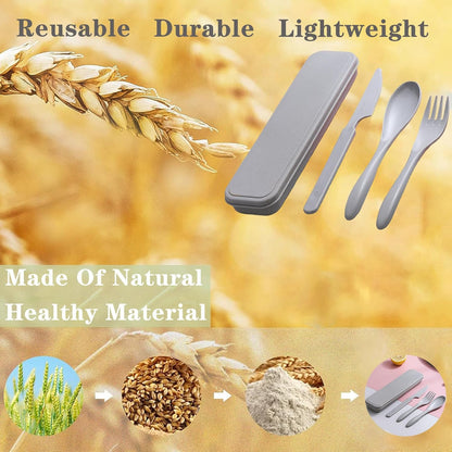 Reusable Travel Utensils Set with Case, 4 Sets Wheat Straw Portable Plastic Fork Spoons Knife Cutlery, Camping Eco-Friendly BPA Free Tableware for Kids Adults Work Picnic or Daily Use (Black)