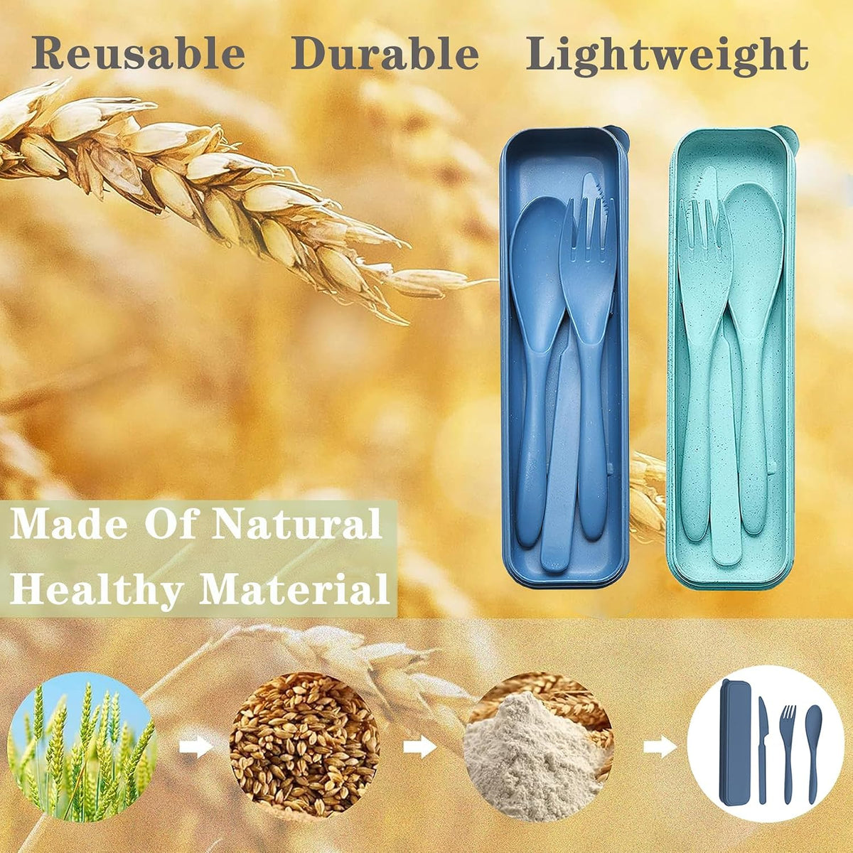 Reusable Travel Utensils Set with Case, 4 Sets Wheat Straw Portable Plastic Fork Spoons Knife Cutlery, Camping Eco-Friendly BPA Free Tableware for Kids Adults Work Picnic or Daily Use (Black)