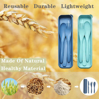 Reusable Travel Utensils Set with Case, 4 Sets Wheat Straw Portable Plastic Fork Spoons Knife Cutlery, Camping Eco-Friendly BPA Free Tableware for Kids Adults Work Picnic or Daily Use (Black)