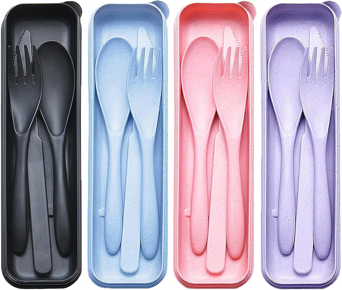Reusable Travel Utensils Set with Case, 4 Sets Wheat Straw Portable Plastic Fork Spoons Knife Cutlery, Camping Eco-Friendly BPA Free Tableware for Kids Adults Work Picnic or Daily Use (Black)