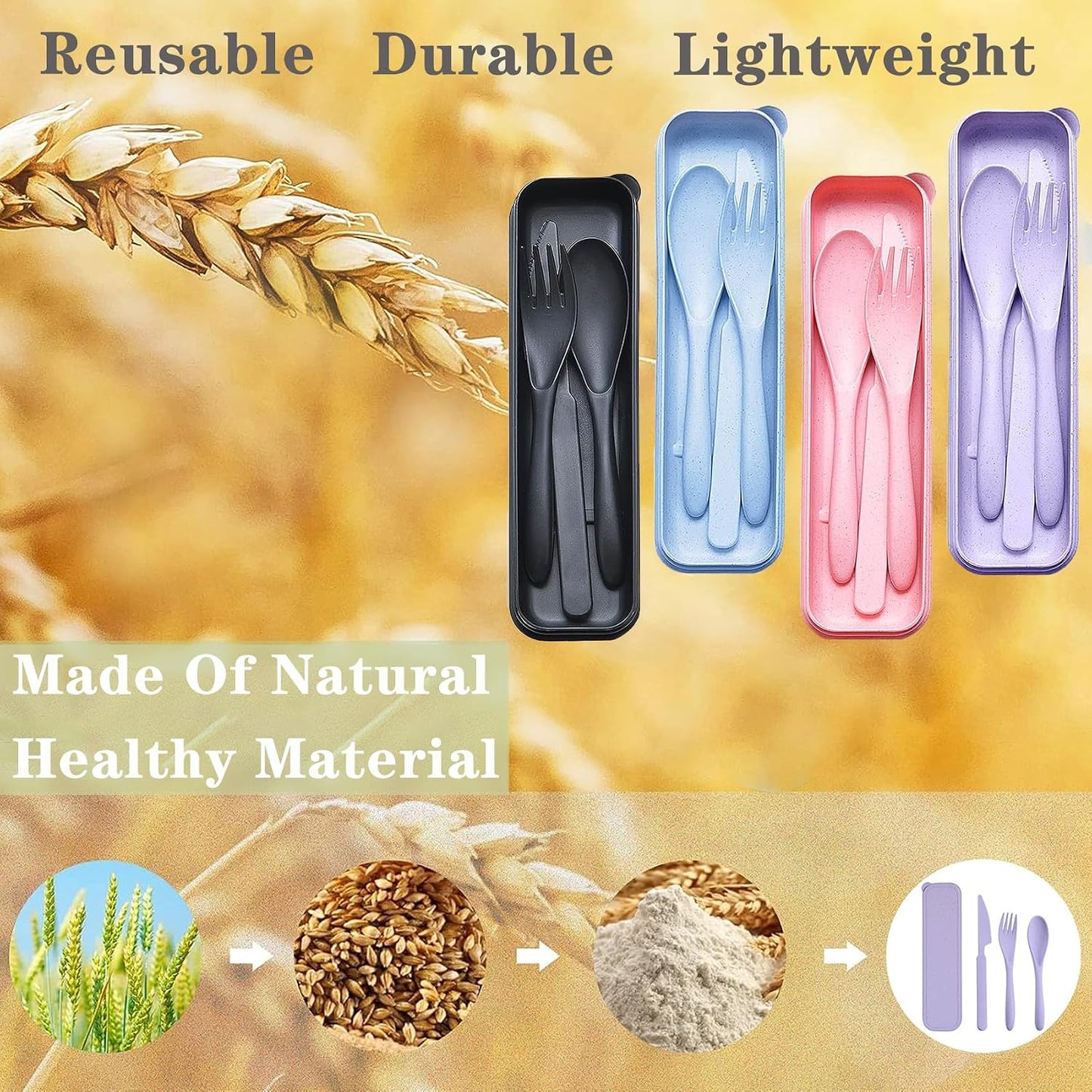 Reusable Travel Utensils Set with Case, 4 Sets Wheat Straw Portable Plastic Fork Spoons Knife Cutlery, Camping Eco-Friendly BPA Free Tableware for Kids Adults Work Picnic or Daily Use (Black)