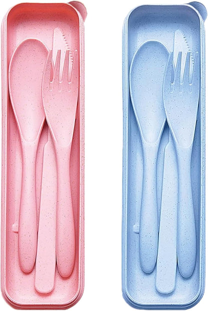 Reusable Travel Utensils Set with Case, 4 Sets Wheat Straw Portable Plastic Fork Spoons Knife Cutlery, Camping Eco-Friendly BPA Free Tableware for Kids Adults Work Picnic or Daily Use (Black)