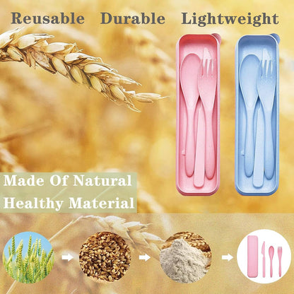 Reusable Travel Utensils Set with Case, 4 Sets Wheat Straw Portable Plastic Fork Spoons Knife Cutlery, Camping Eco-Friendly BPA Free Tableware for Kids Adults Work Picnic or Daily Use (Black)