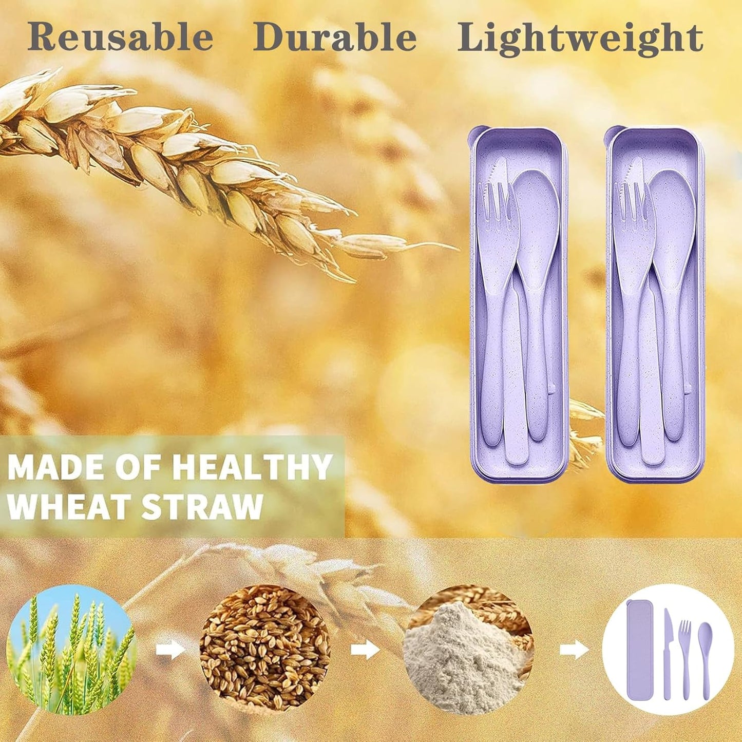 Reusable Travel Utensils Set with Case, 4 Sets Wheat Straw Portable Plastic Fork Spoons Knife Cutlery, Camping Eco-Friendly BPA Free Tableware for Kids Adults Work Picnic or Daily Use (Black)
