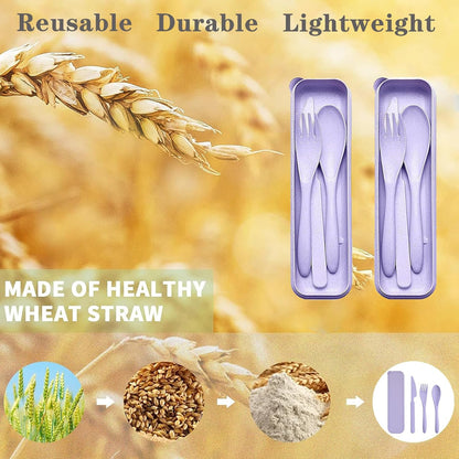 Reusable Travel Utensils Set with Case, 4 Sets Wheat Straw Portable Plastic Fork Spoons Knife Cutlery, Camping Eco-Friendly BPA Free Tableware for Kids Adults Work Picnic or Daily Use (Black)