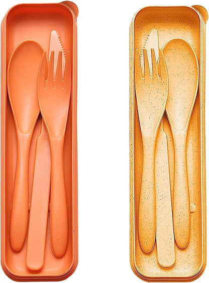 Reusable Travel Utensils Set with Case, 4 Sets Wheat Straw Portable Plastic Fork Spoons Knife Cutlery, Camping Eco-Friendly BPA Free Tableware for Kids Adults Work Picnic or Daily Use (Black)