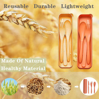 Reusable Travel Utensils Set with Case, 4 Sets Wheat Straw Portable Plastic Fork Spoons Knife Cutlery, Camping Eco-Friendly BPA Free Tableware for Kids Adults Work Picnic or Daily Use (Black)