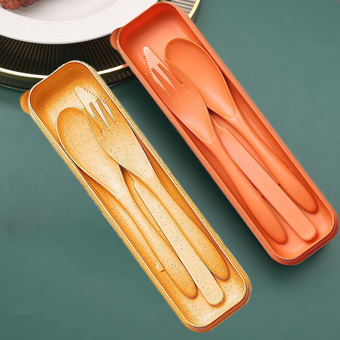 Reusable Travel Utensils Set with Case, 4 Sets Wheat Straw Portable Plastic Fork Spoons Knife Cutlery, Camping Eco-Friendly BPA Free Tableware for Kids Adults Work Picnic or Daily Use (Black)