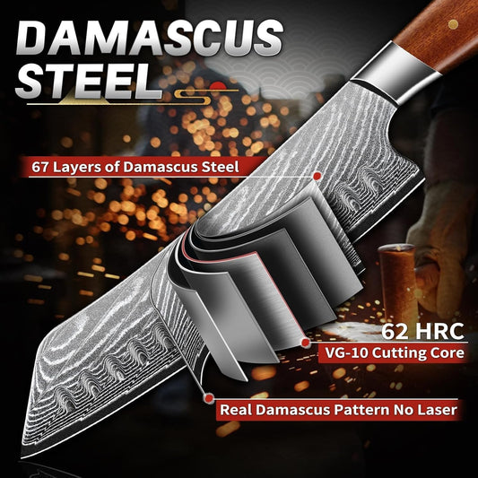 Japanese Chef Knife 7" - Damascus Santoku Kitchen Knife | with Damascus Steel Sharp Professional Chefs Knives with Wood Ergonomic Handle Birthday Gifts for Men Women