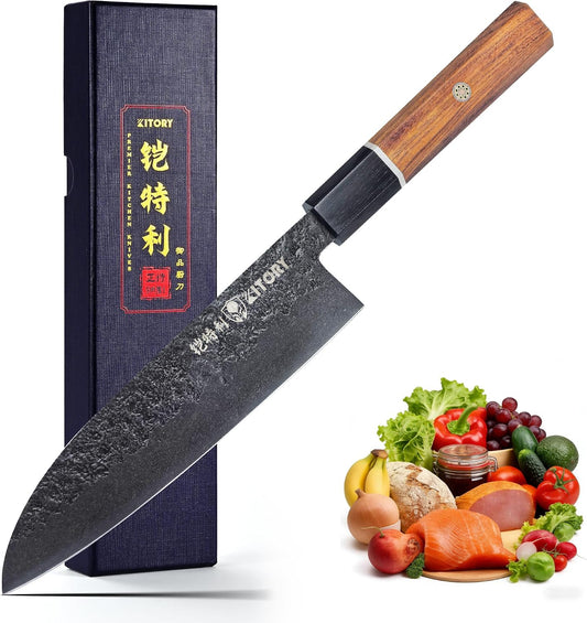 7'' Santoku Knife, Black Stonewashed High-Carbon Steel Japanese Kitchen Knife, Hand Forged Ultra Sharp Asian Chef Knife with Ergonomic Wood Handle and Gift Box