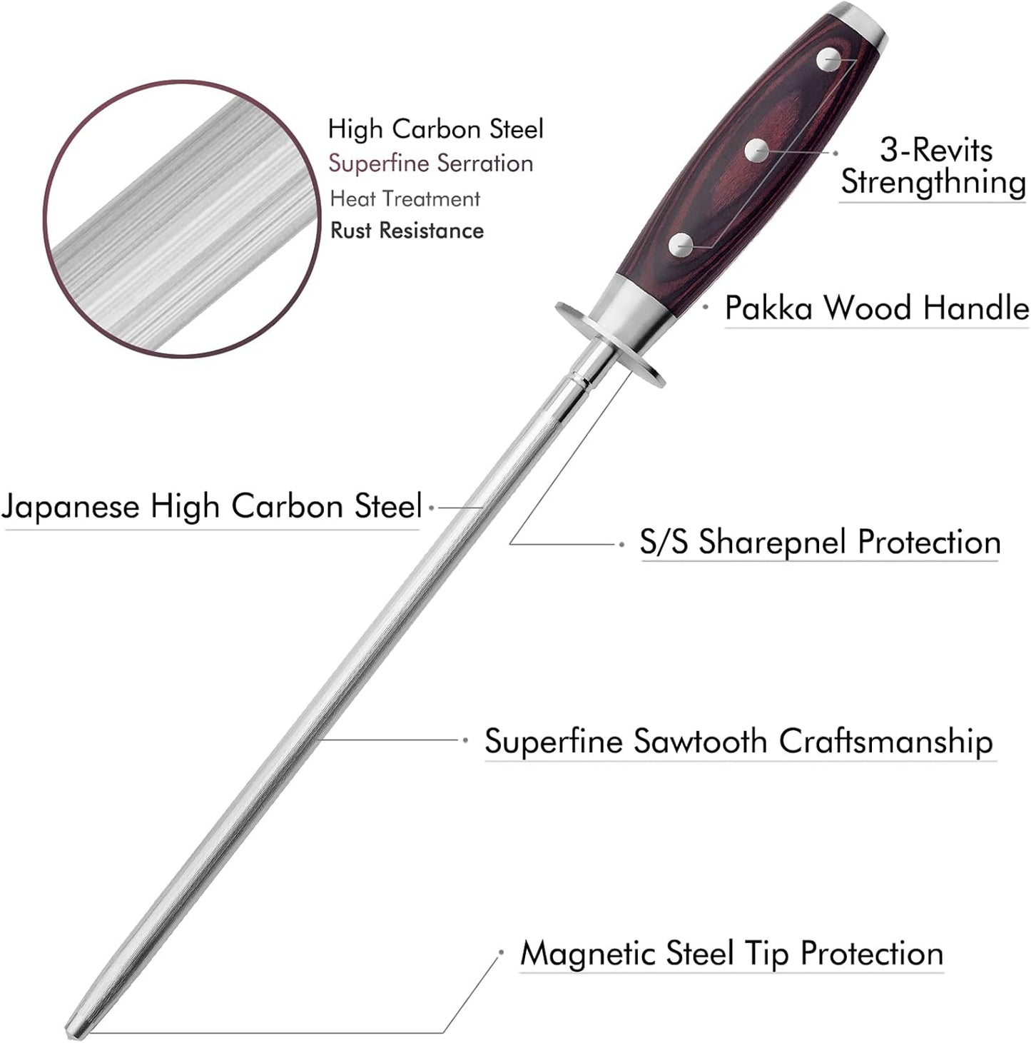 Professional 10-Inch Knife Honing Steel with Pakkawood Handle