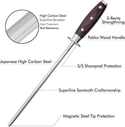 Professional 10-Inch Knife Honing Steel with Pakkawood Handle